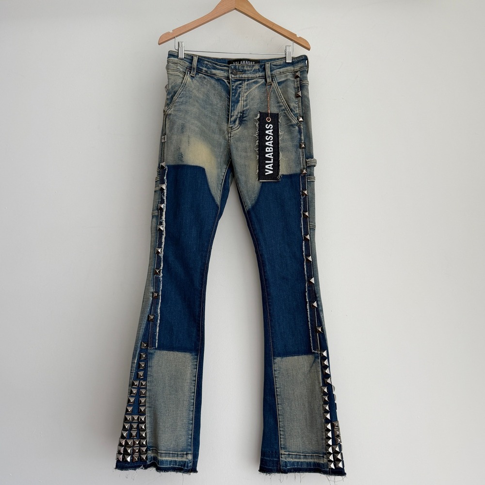 Valabasas Jeans Men 32x35 Stacked Flare Studded Patchwork Distressed Rock Grunge
